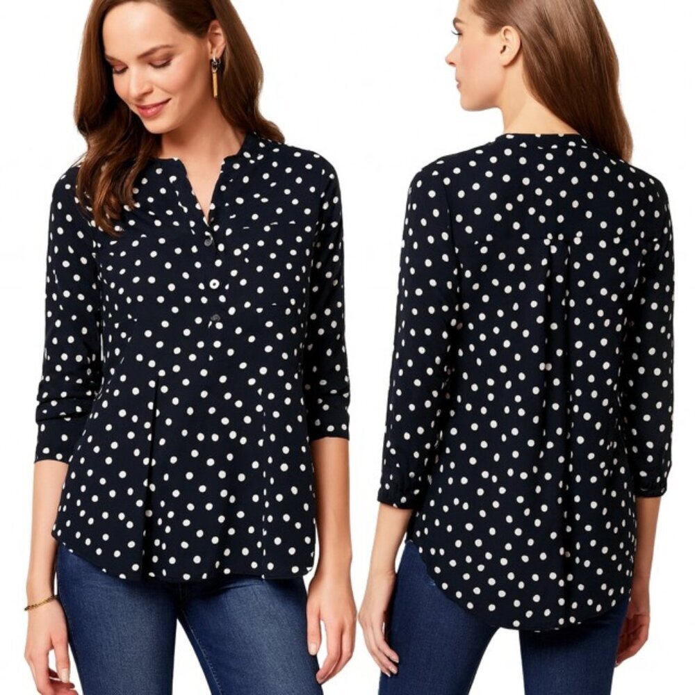 ANTHROPOLOGIE MAEVE Brunia Henley Navy Polka Dot Blouse - Size XS